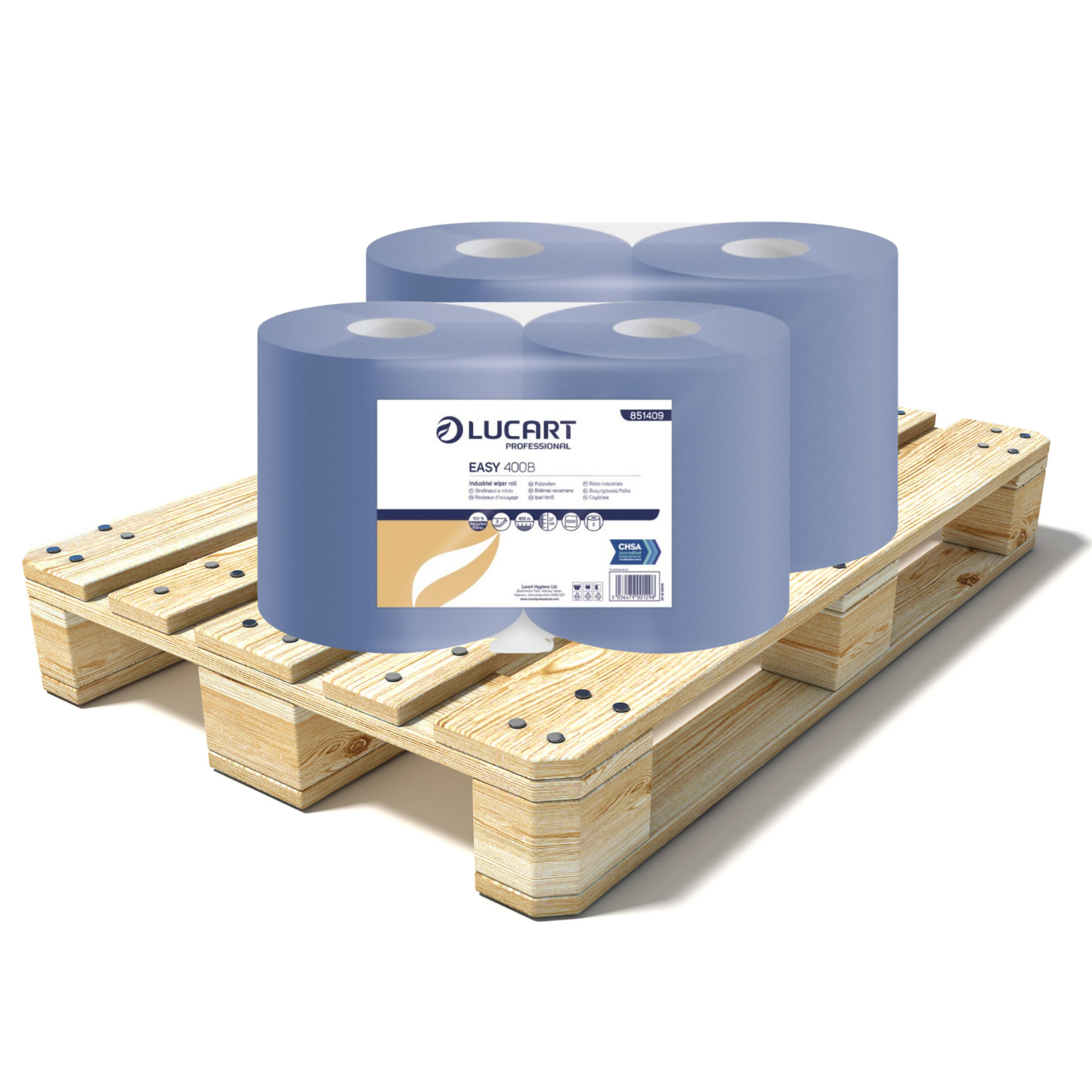 Pallet Lucart Blue Recycled Floorstand Roll 2ply 400m x 270mm 2/case (56 cases) 851409