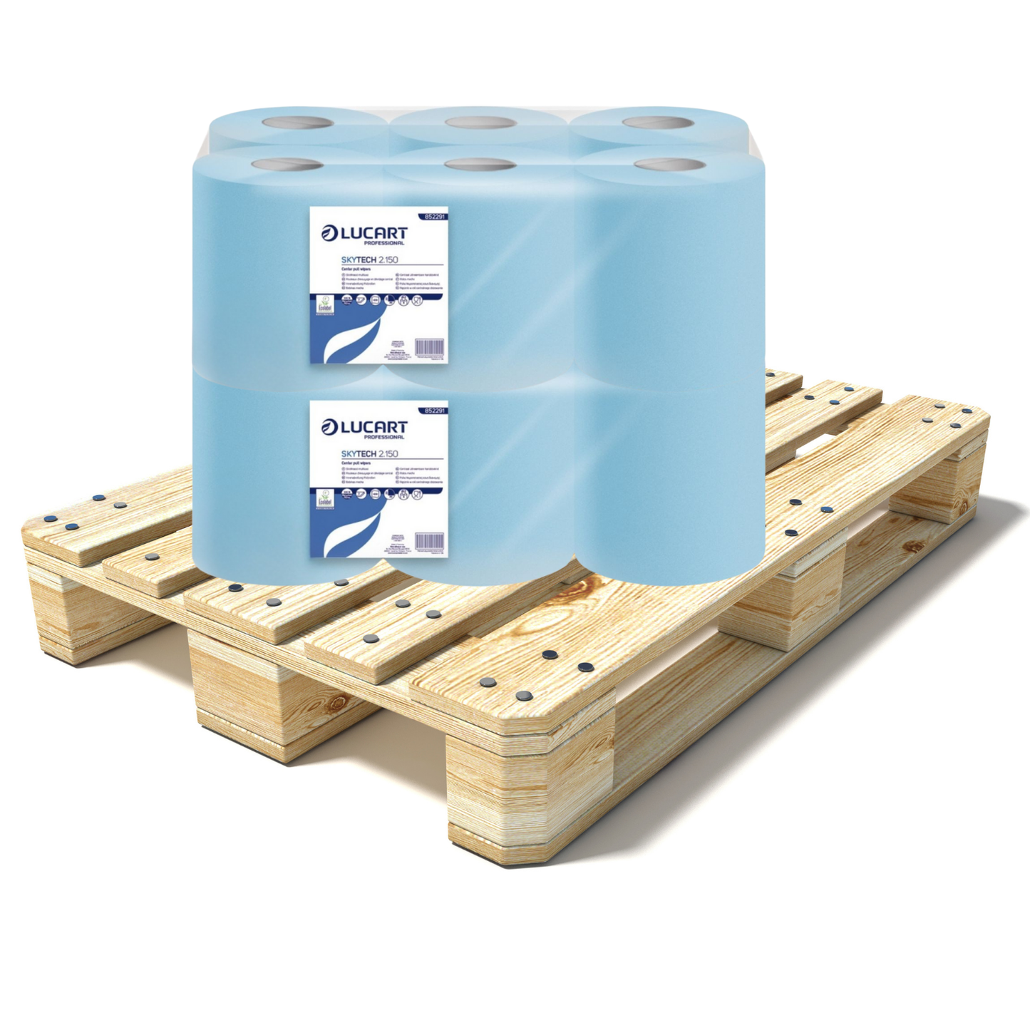 Pallet Lucart Blue Laminated C/feed Rolls 2ply 150m x 20cm 6/case (44 cases) 852291