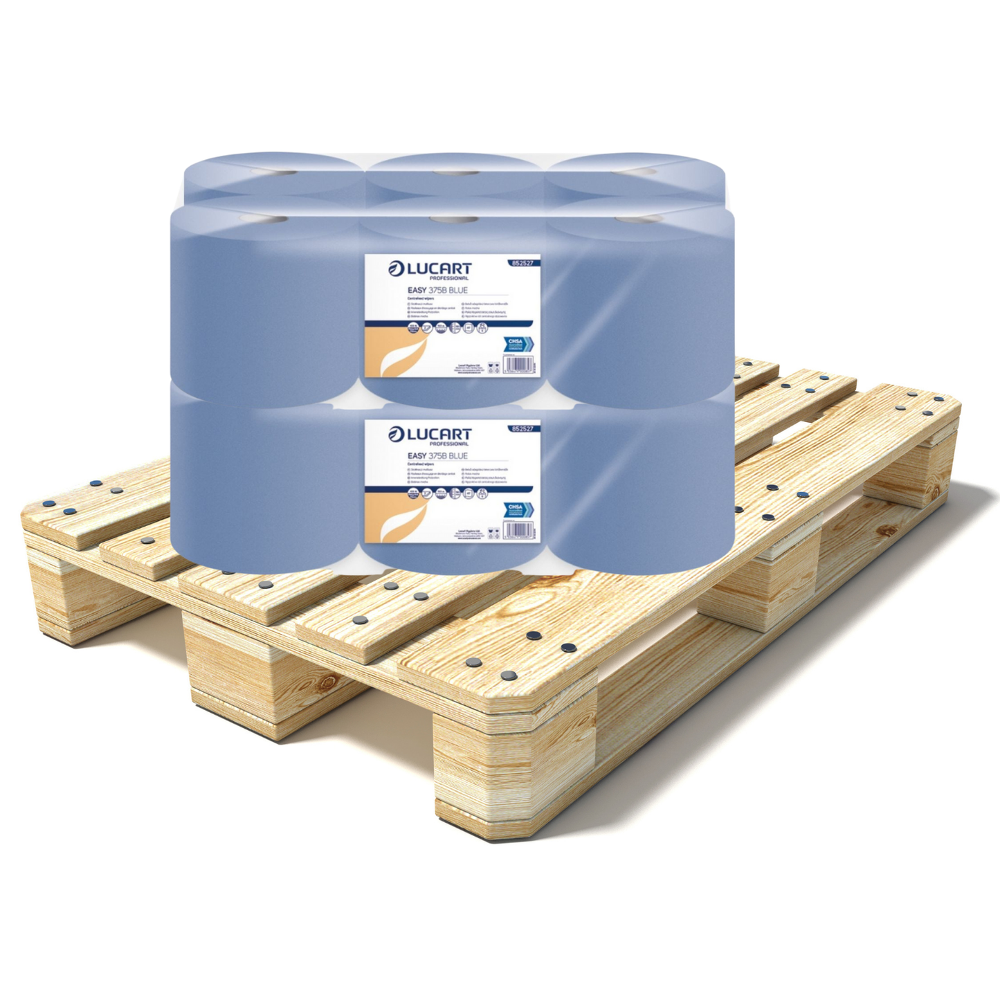 Pallet Lucart Blue Flat C/feed Rolls 2ply 150m x 19cm 6/case (77 cases) 852527