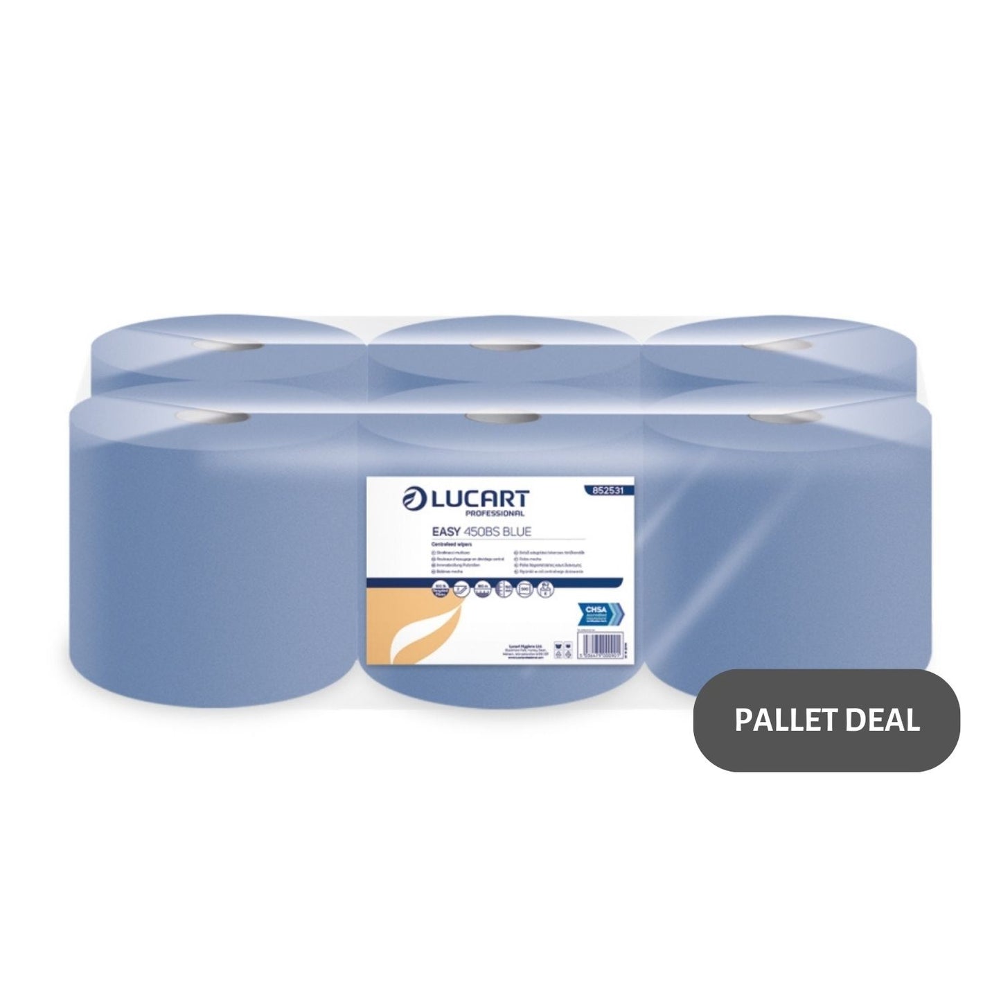Pallet Lucart Blue Flat C/feed Rolls 2ply 180m x 19cm 6/case (55 cases) 852531