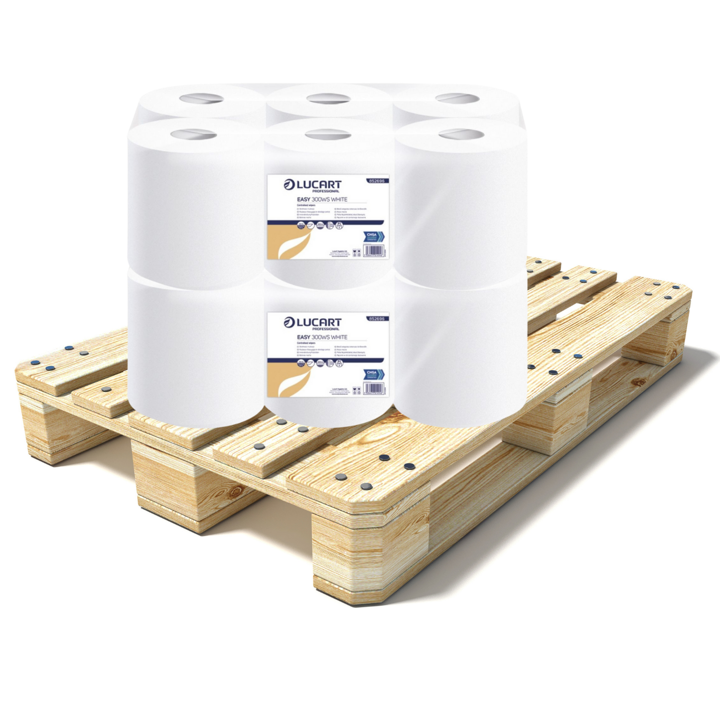 Pallet Lucart White Flat C/feed Rolls 1ply 300m x 17.5cm 6/case (60 cases) 852696