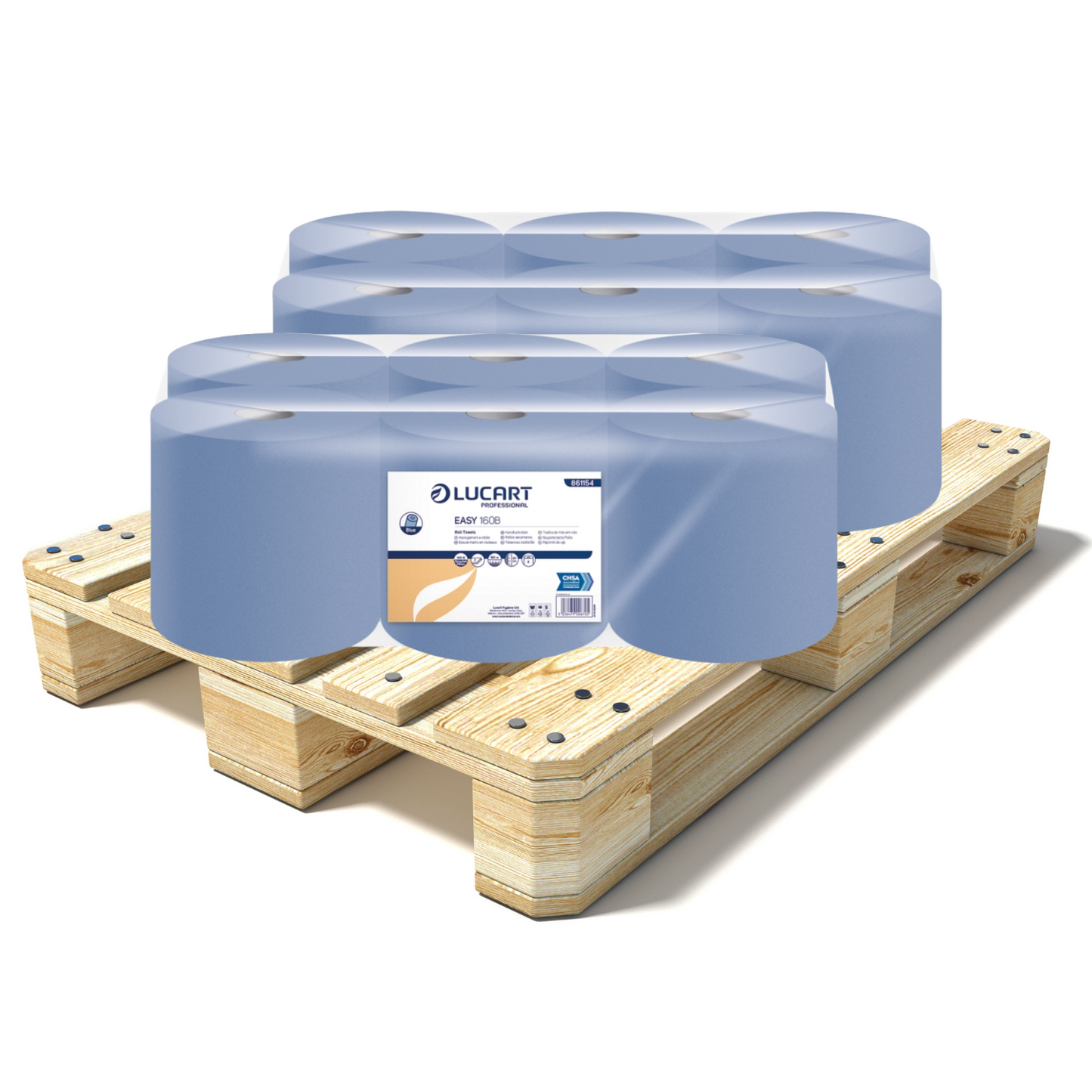 Pallet Lucart Blue Laminated Recycled Roll Towel 2ply 160m x 200mm 6/case (55 cases) 861154