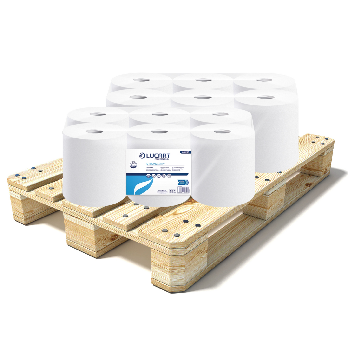 Pallet Lucart White Pure Roll Towel 2ply 100m x 200mm 6/case (77 cases) 861156