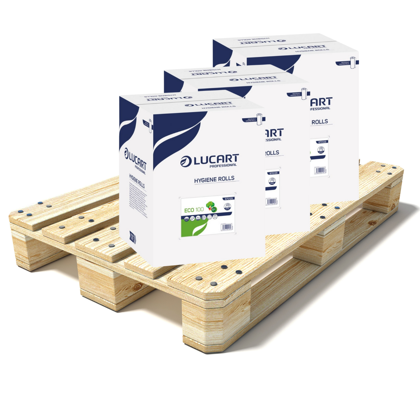 Pallet Lucart White Embossed Recycled Hygiene Roll 2ply 40m x 250mm 24/case (32 cases) 870129