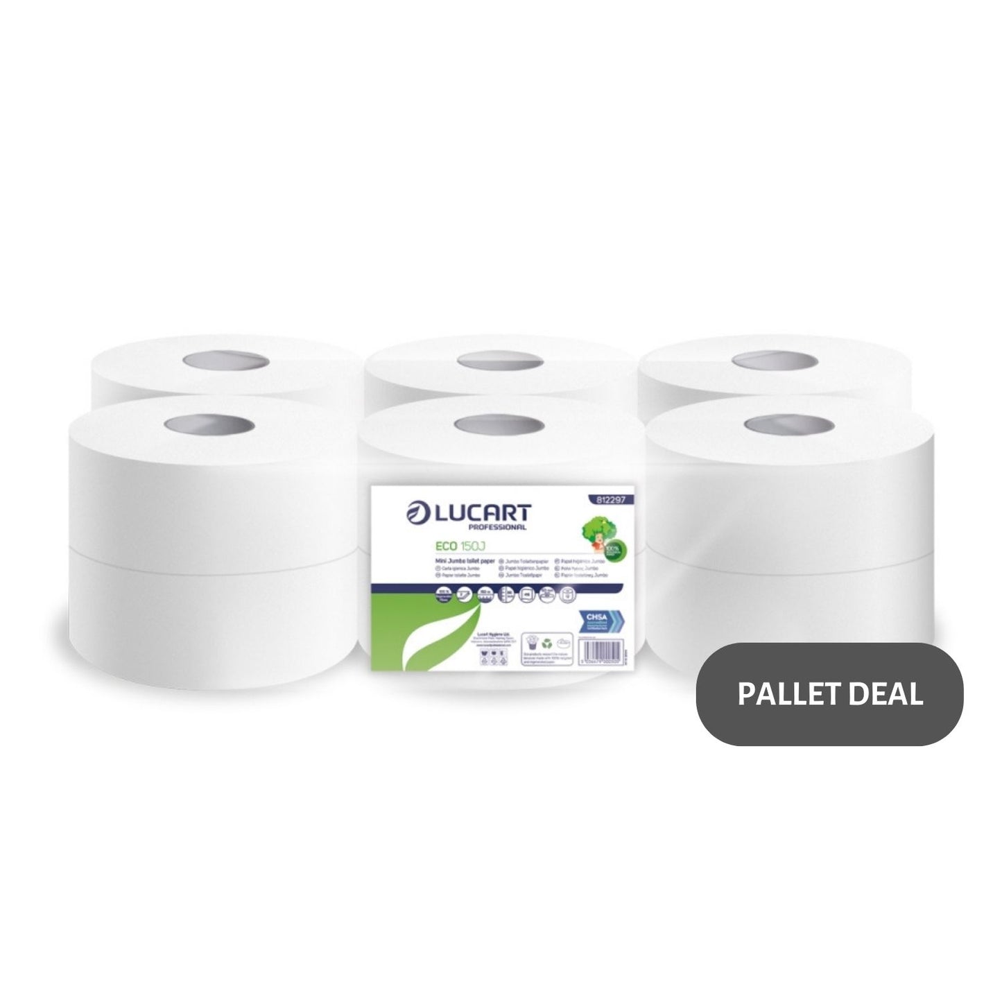 Pallet Lucart Recycled 2.25" Mini Jumbo T/Rolls 2ply 150m 12/case (77 cases) 812297