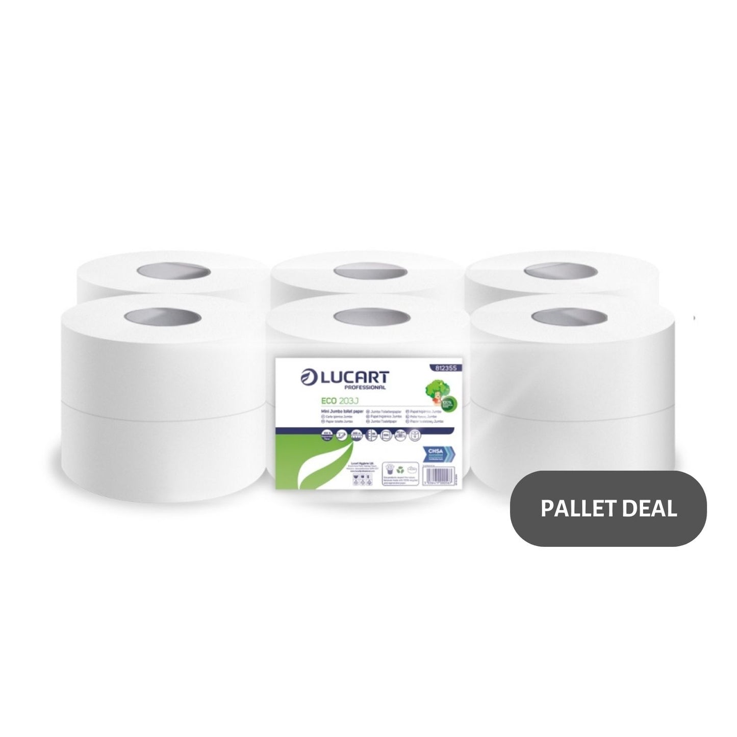 Pallet Lucart Recycled 3" Mini Jumbo T/Rolls 2ply 200m 12/case (55 cases) 812355