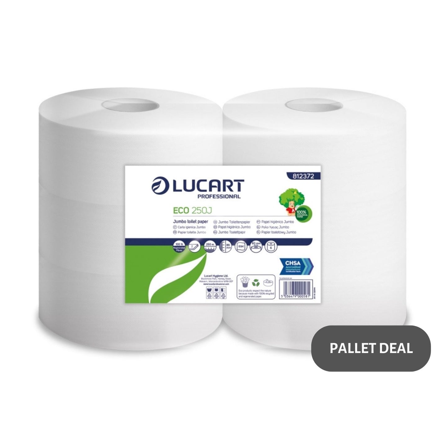 Pallet Lucart Recycled 2.25" Midi Jumbo T/Rolls 2ply 250m 6/case (70 cases) 812372