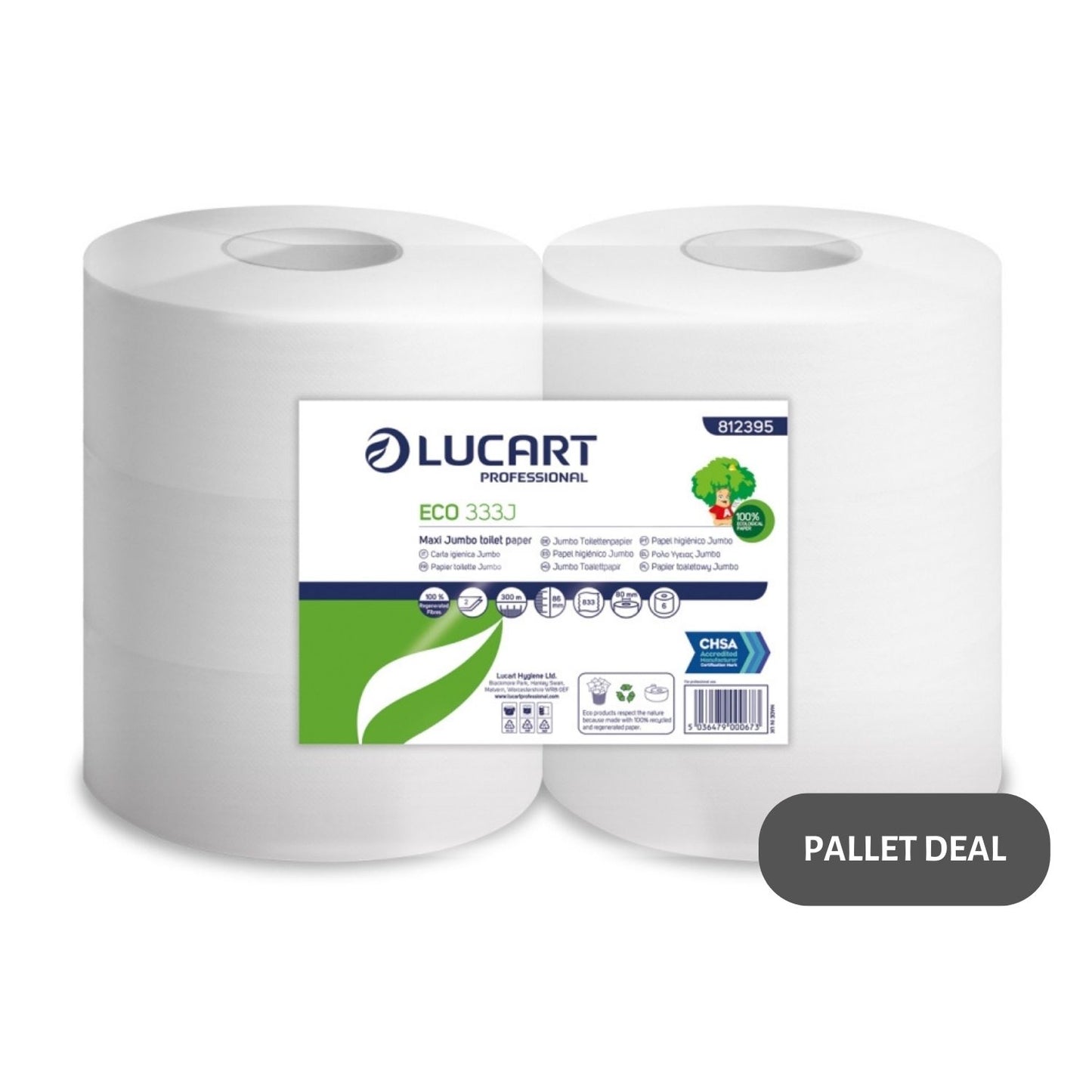 Pallet Lucart Recycled 3" Std Jumbo T/Rolls 2ply 300m 6/case (80 cases) 812395