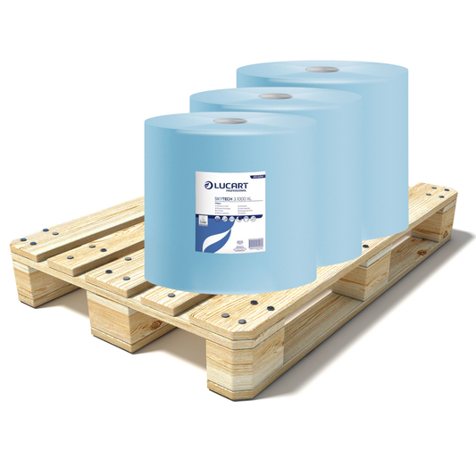 Pallet Lucart Blue Recycled Floorstand Roll 3ply 360m x 360mm 1/case (36 cases) 851284