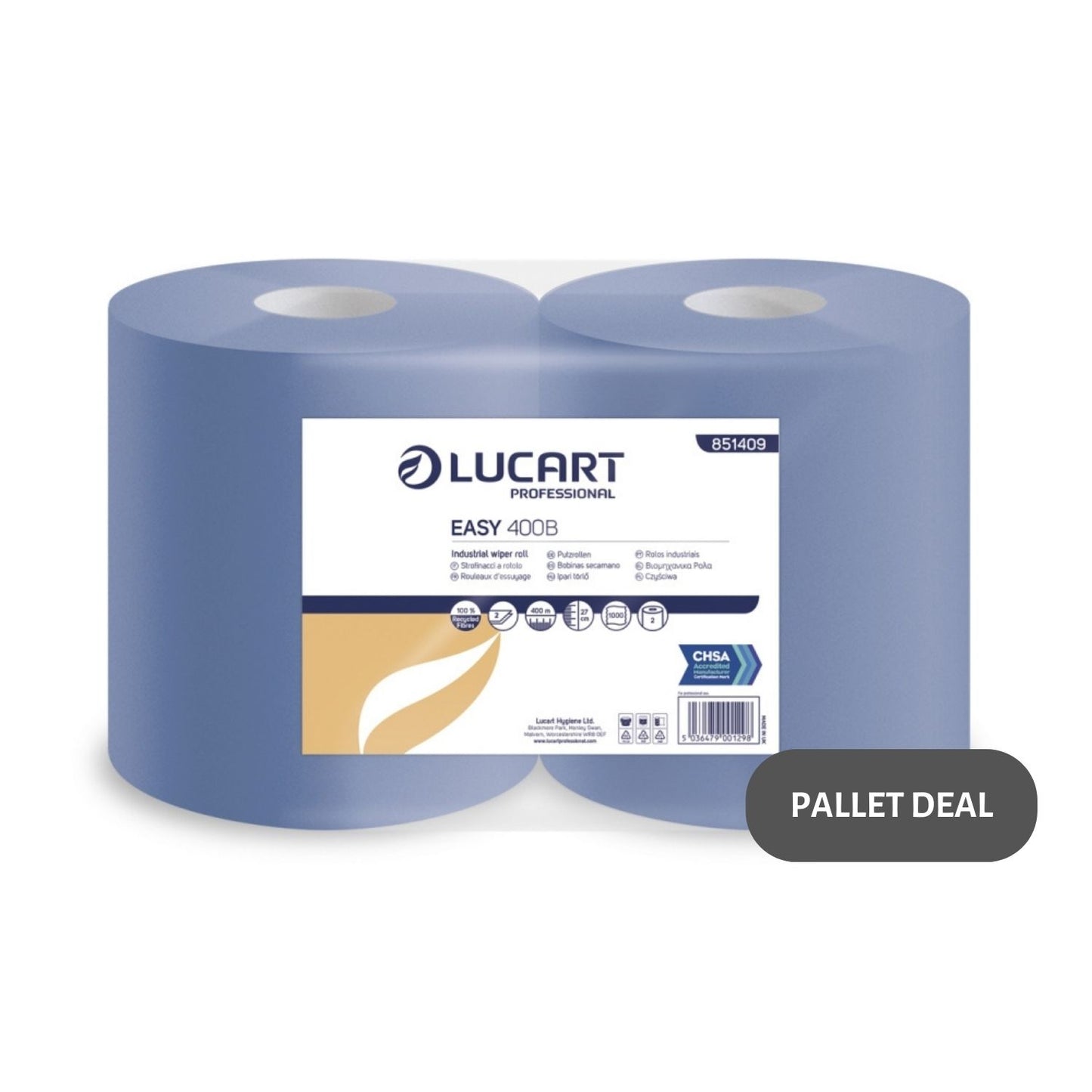 Pallet Lucart Blue Recycled Floorstand Roll 2ply 400m x 270mm 2/case (56 cases) 851409