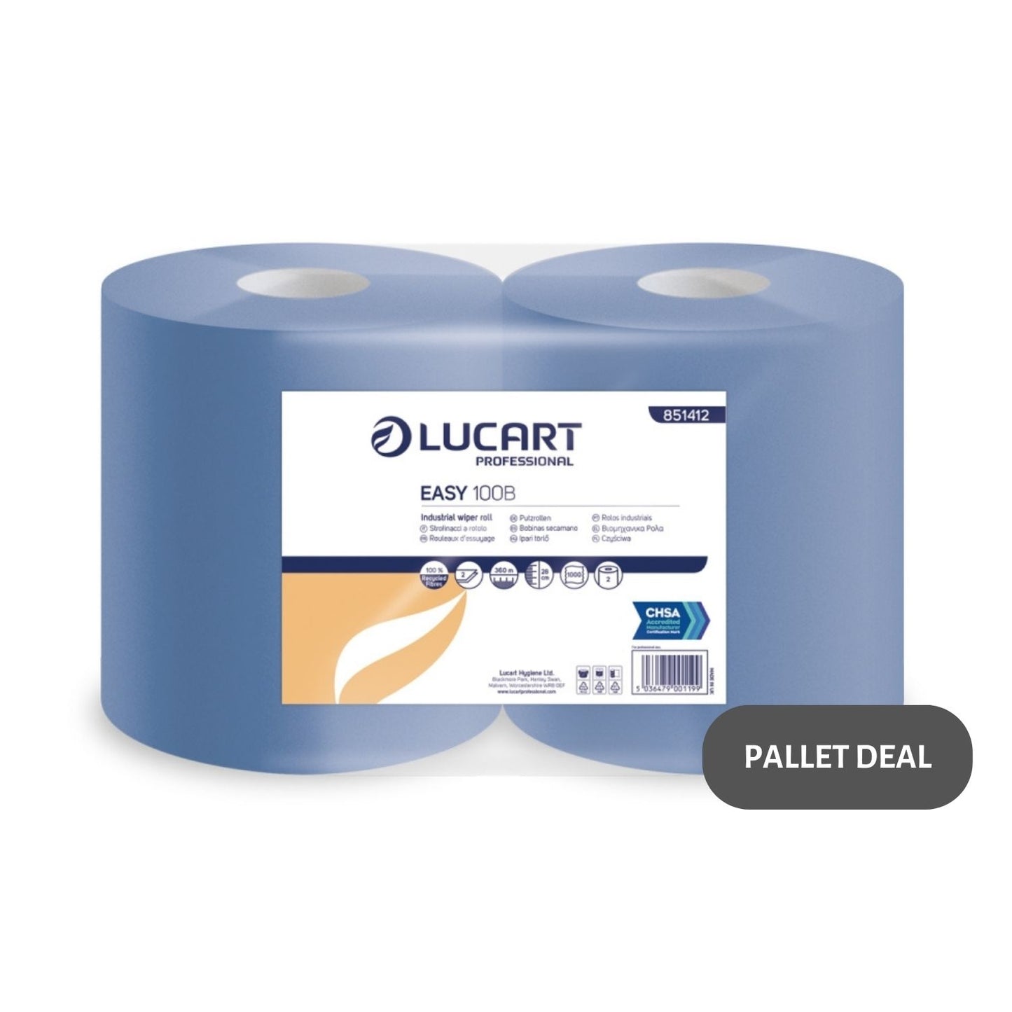 Pallet Lucart Blue Recycled Floorstand Roll 2ply 360m x 280mm 2/case (56 cases) 851412