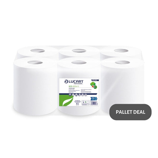 Pallet Lucart White Embossed Recycled C/feed Rolls 2ply 120m x 17.5cm 6/case (77 cases) 852452