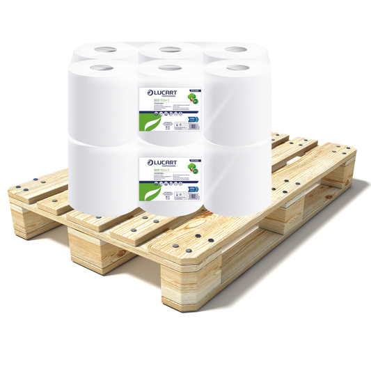 Pallet Lucart White Embossed Recycled C/feed Rolls 2ply 150m x 17.5cm 6/case (66 cases) 852496