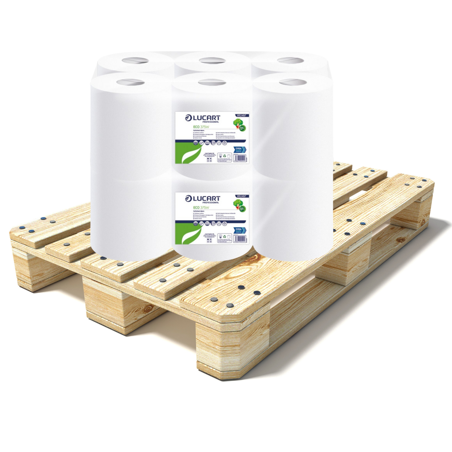 Pallet Lucart White Flat Recycled C/feed Rolls 2ply 150m x 19.0cm 6/case (77 cases) 852497