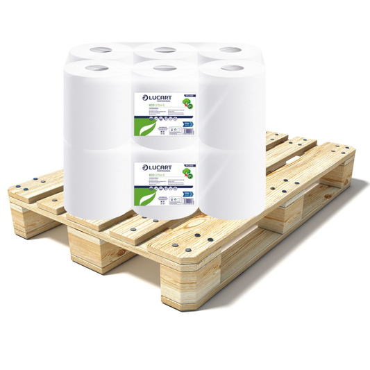 Pallet Lucart White Embossed Recycled C/feed Rolls 2ply 150m x 19.0cm 6/case (66 cases) 852499