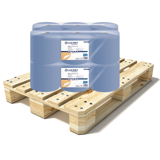 Pallet Lucart Blue Flat C/feed Rolls 1ply 300m x 19cm 6/case (77 cases) 852559