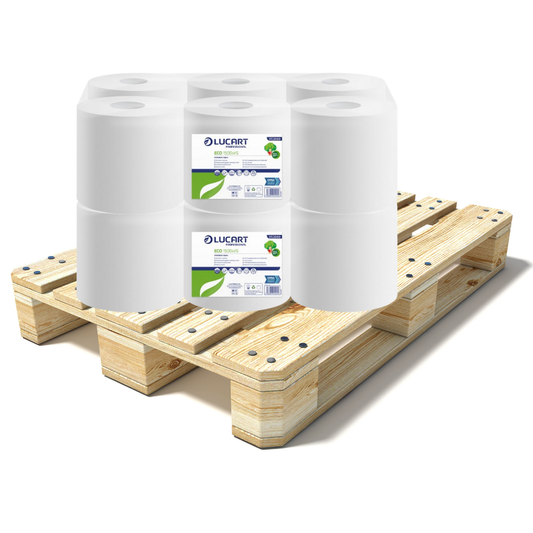 Pallet Lucart White Embossed Recycled C/feed Rolls 2ply 150m x 16.6cm 6/case (72 cases) 852669