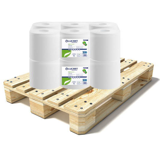 Pallet Lucart White Flat Recycled C/feed Rolls 2ply 150m x 16.6cm 6/case (84 cases) 852674