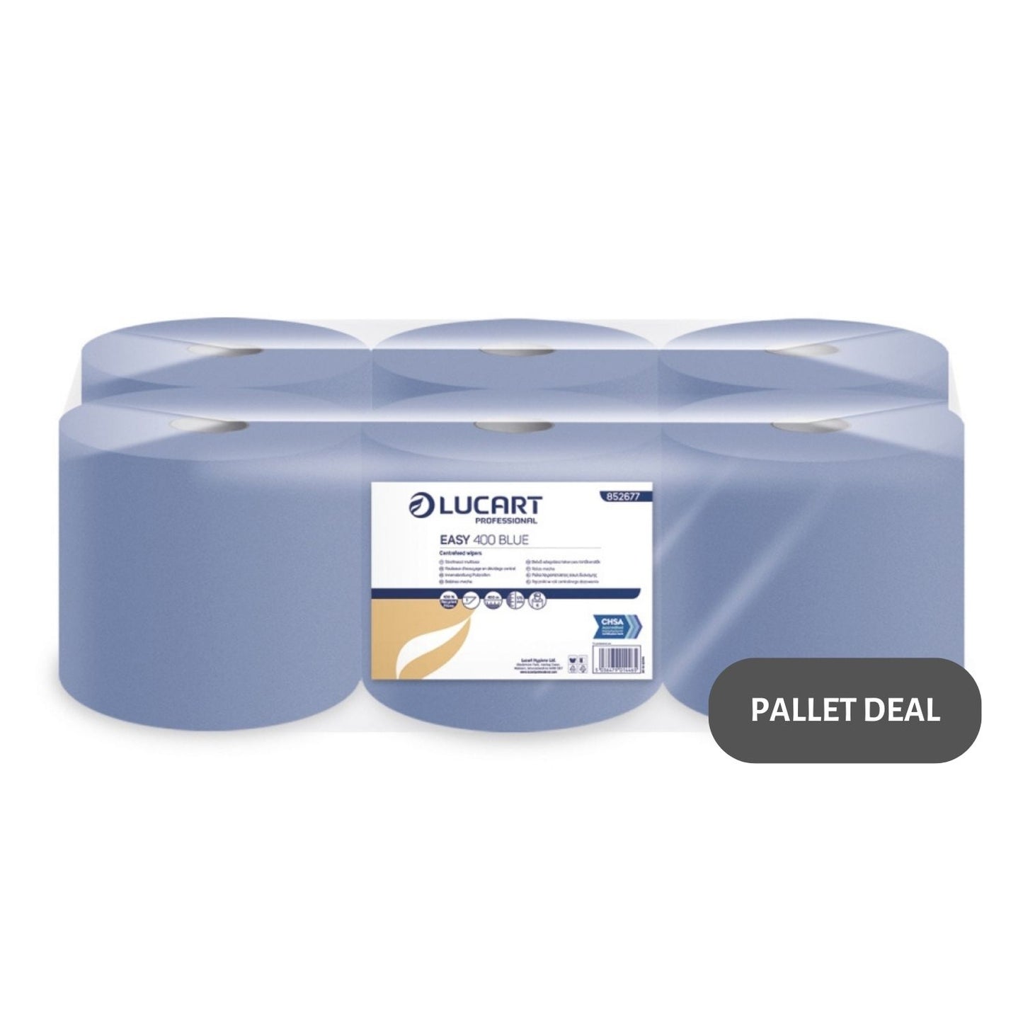 Pallet Lucart Blue Flat C/feed Rolls 1ply 400m x 17.5cm 6/case (55 cases) 852677