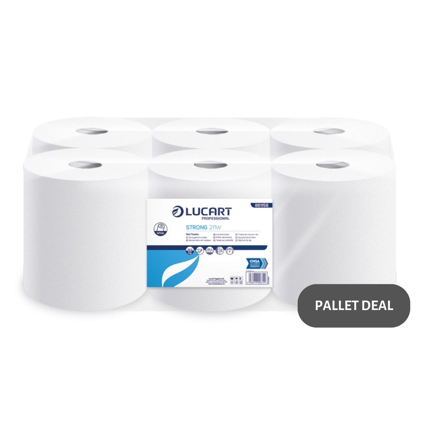 Pallet Lucart White Pure Roll Towel 2ply 100m x 200mm 6/case (77 cases) 861156