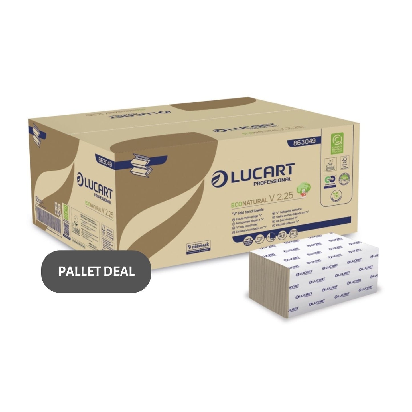 Pallet Lucart Econatural V-Fold Hand Towel 2ply 210x253mm 3000/sh (32 cases) 863049E