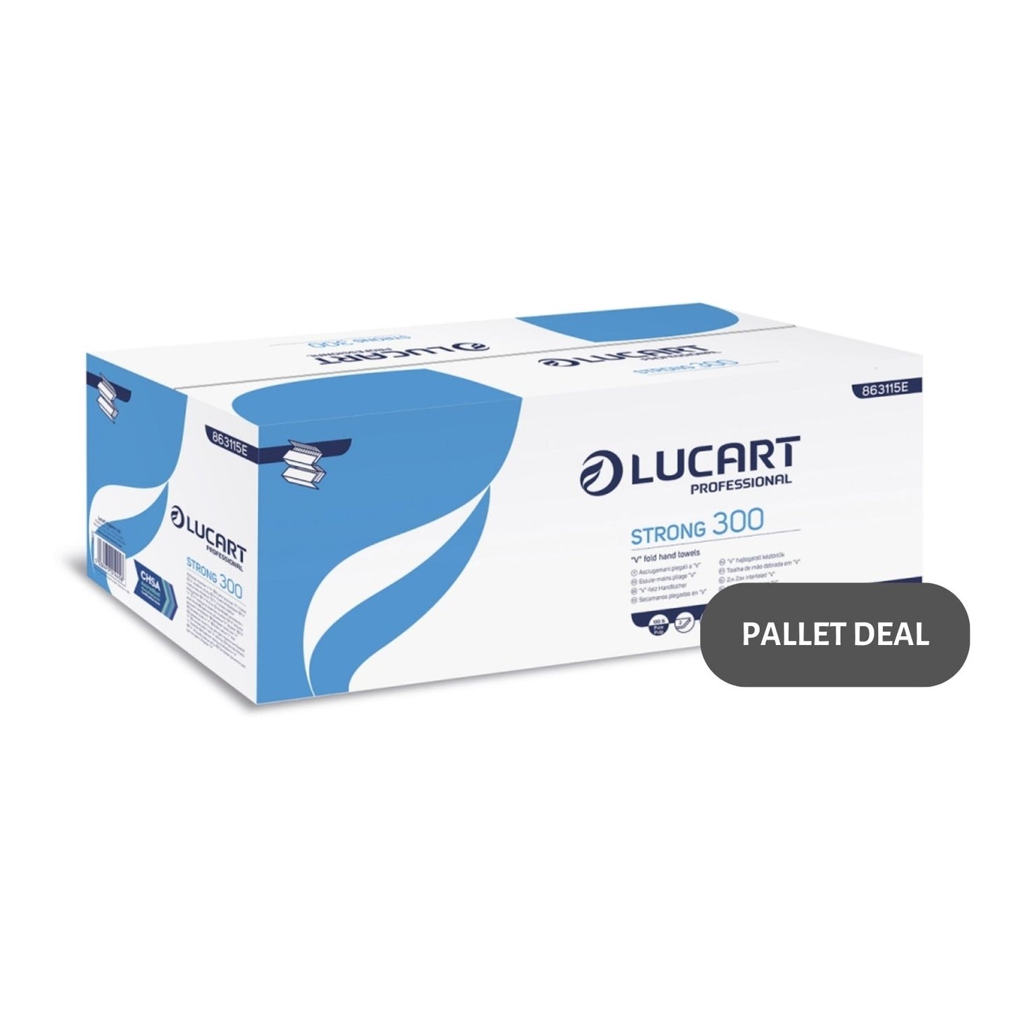 Pallet Lucart White Pure V-Fold Hand Towel 2ply 190x225mm 3000/sh (90 cases) 863115E