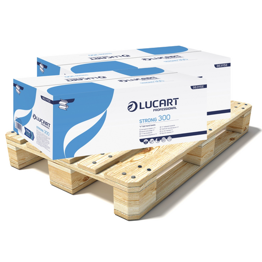 Pallet Lucart White Pure V-Fold Hand Towel 2ply 190x225mm 3000/sh (90 cases) 863115E
