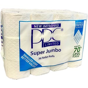 PPC Super Jumbo Toilet Rolls, (36 Rolls Loose Packed) 2ply Pure Tissue (70% less plastic)